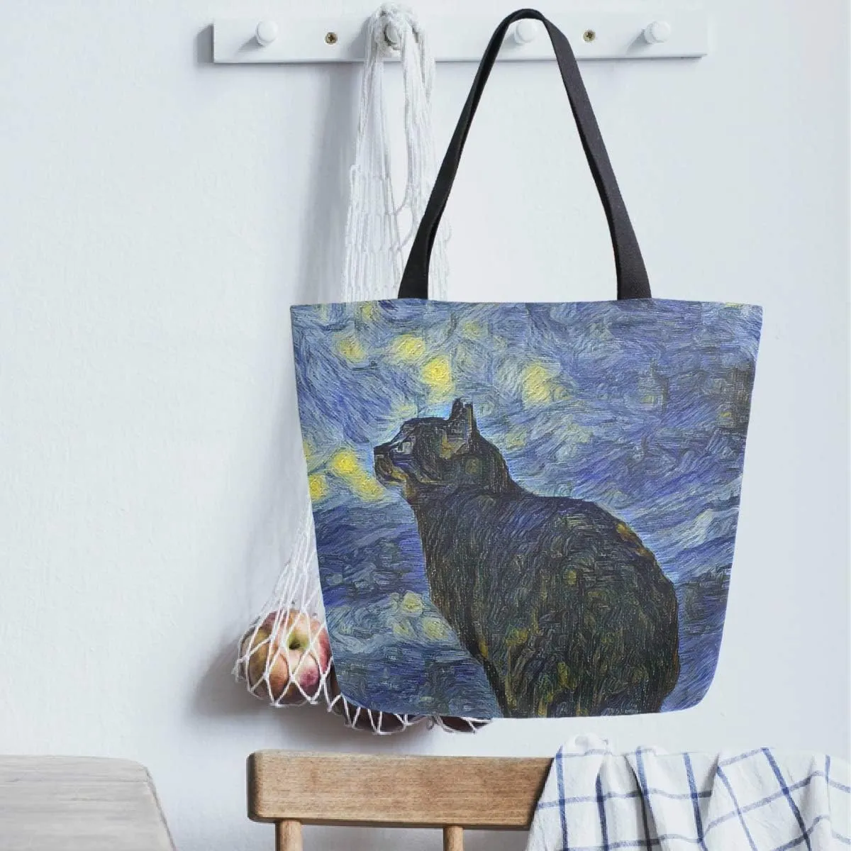 Pfrewn Starry Night Cat Canvas Tote Bag for Women Van Gogh Extra Large Grocery Bag Casual Beach Shopping Tote Heavy Duty Washable Shoulder Bags Handbag with Handles