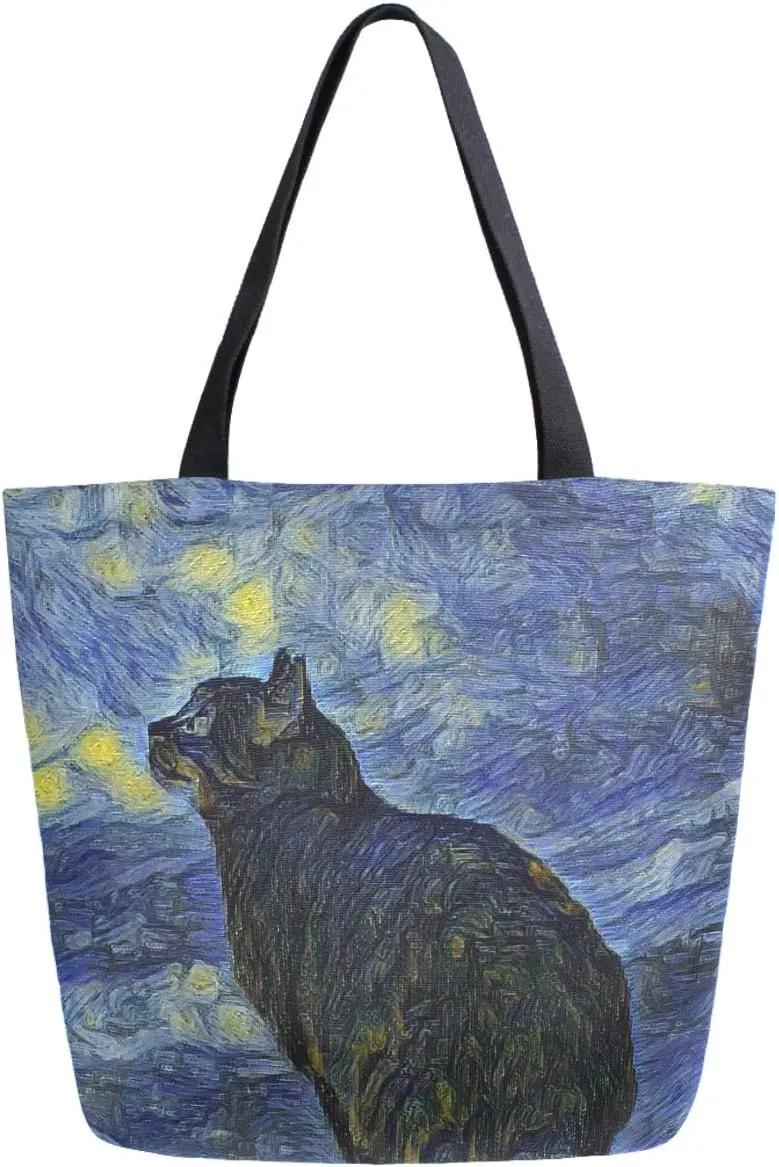 Pfrewn Starry Night Cat Canvas Tote Bag for Women Van Gogh Extra Large Grocery Bag Casual Beach Shopping Tote Heavy Duty Washable Shoulder Bags Handbag with Handles