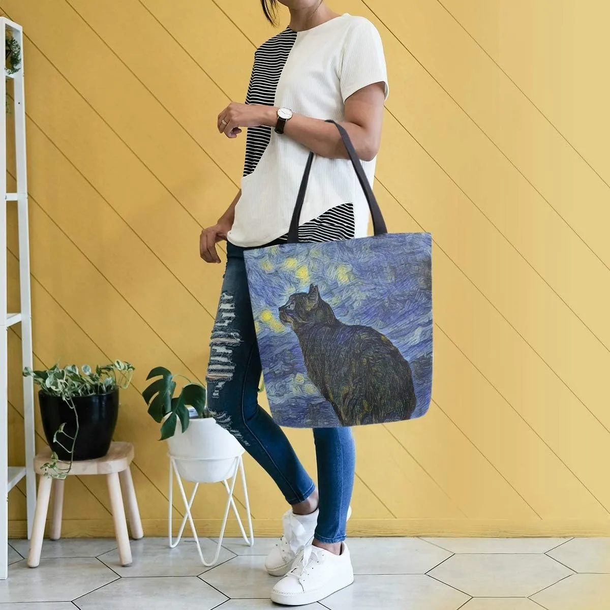 Pfrewn Starry Night Cat Canvas Tote Bag for Women Van Gogh Extra Large Grocery Bag Casual Beach Shopping Tote Heavy Duty Washable Shoulder Bags Handbag with Handles