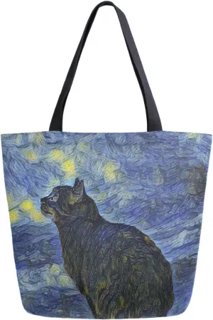 Pfrewn Starry Night Cat Canvas Tote Bag for Women Van Gogh Extra Large Grocery Bag Casual Beach Shopping Tote Heavy Duty Washable Shoulder Bags Handbag with Handles