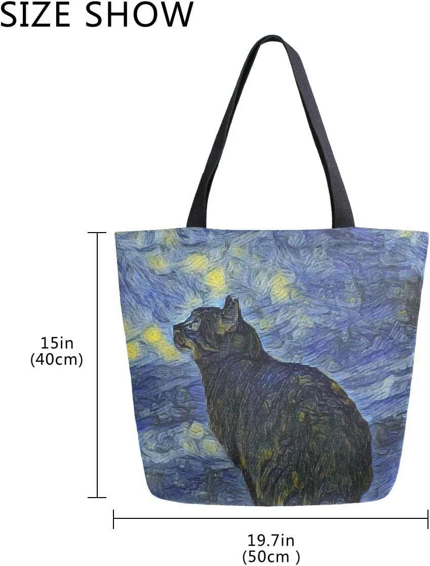 Pfrewn Starry Night Cat Canvas Tote Bag for Women Van Gogh Extra Large Grocery Bag Casual Beach Shopping Tote Heavy Duty Washable Shoulder Bags Handbag with Handles