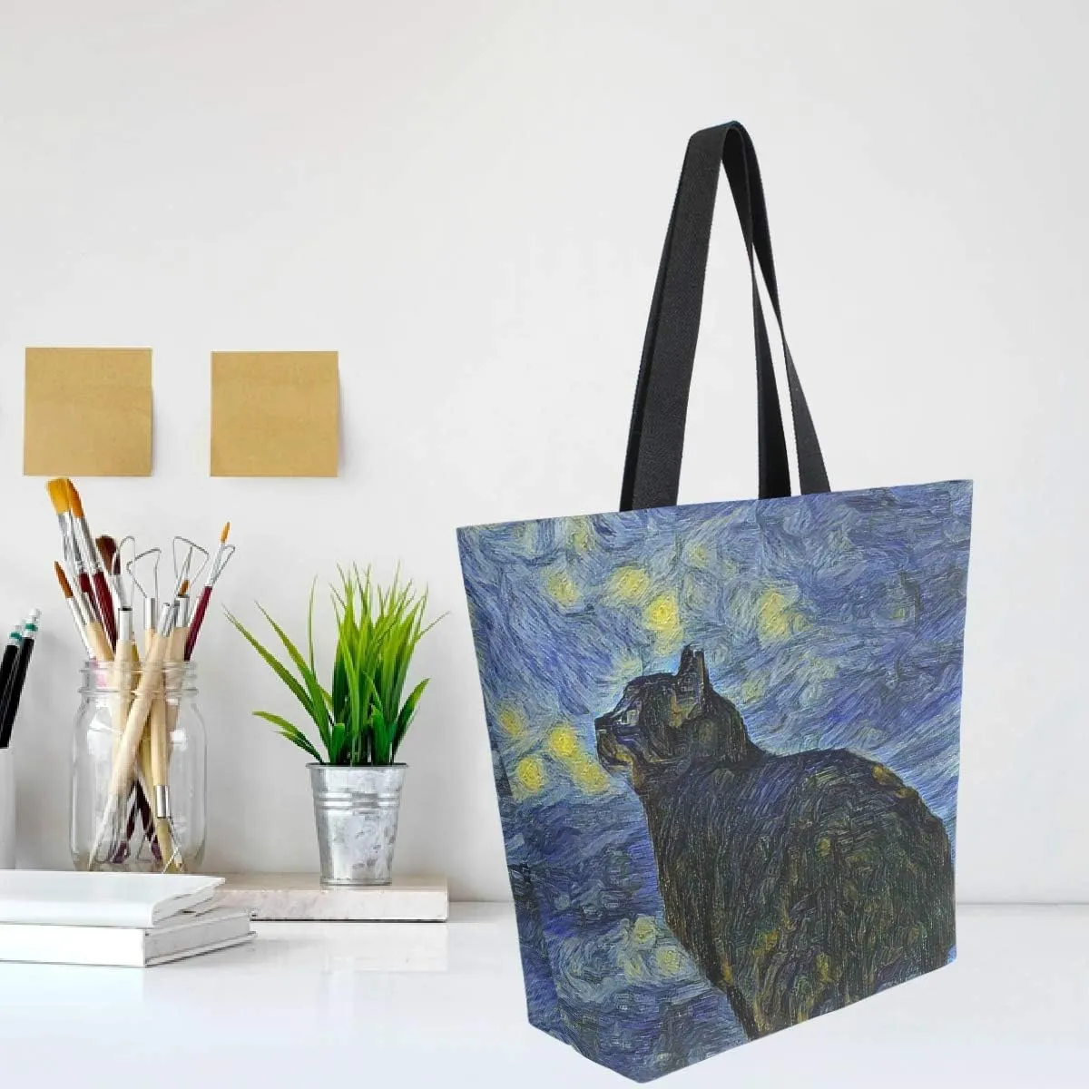 Pfrewn Starry Night Cat Canvas Tote Bag for Women Van Gogh Extra Large Grocery Bag Casual Beach Shopping Tote Heavy Duty Washable Shoulder Bags Handbag with Handles