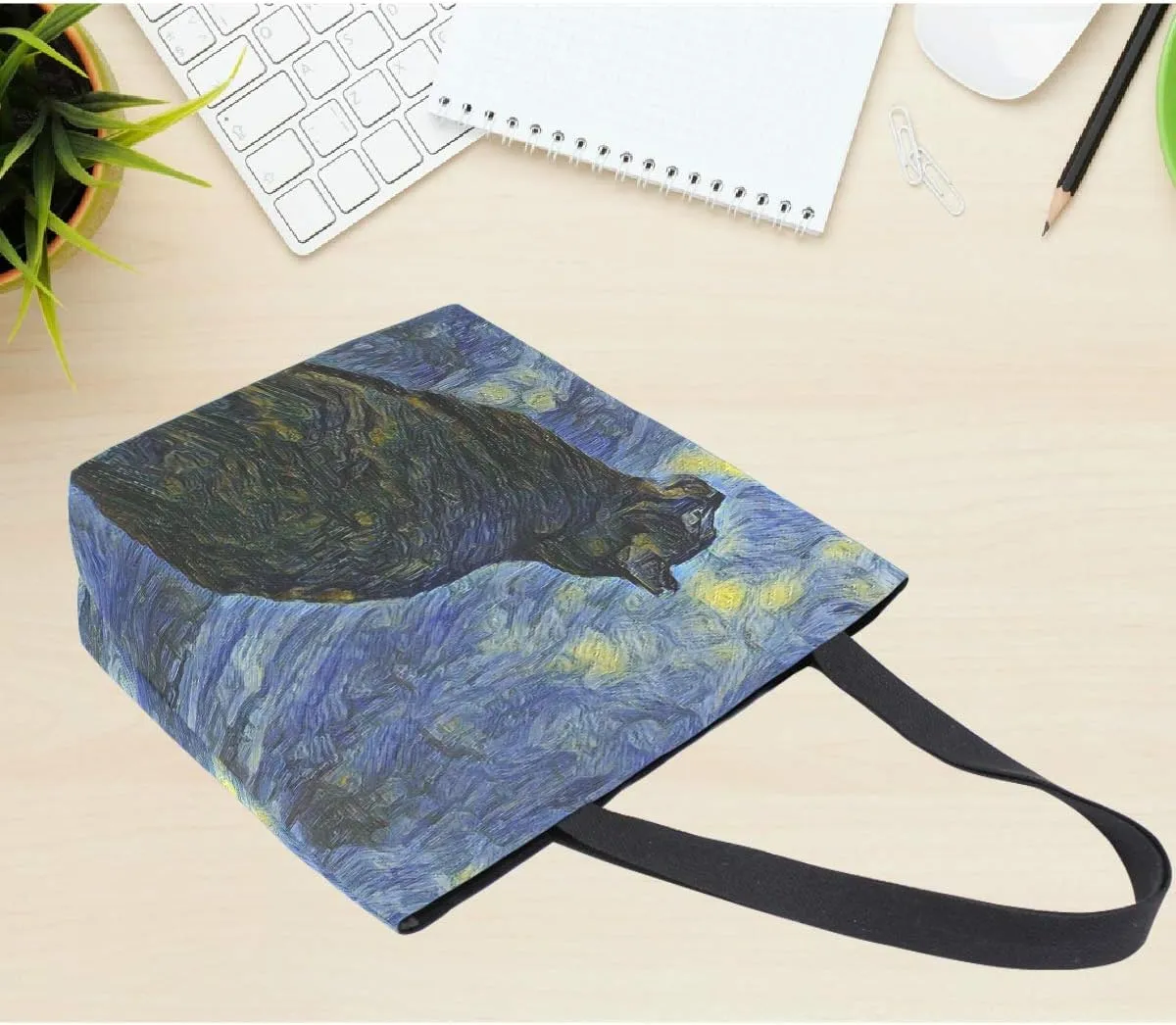 Pfrewn Starry Night Cat Canvas Tote Bag for Women Van Gogh Extra Large Grocery Bag Casual Beach Shopping Tote Heavy Duty Washable Shoulder Bags Handbag with Handles