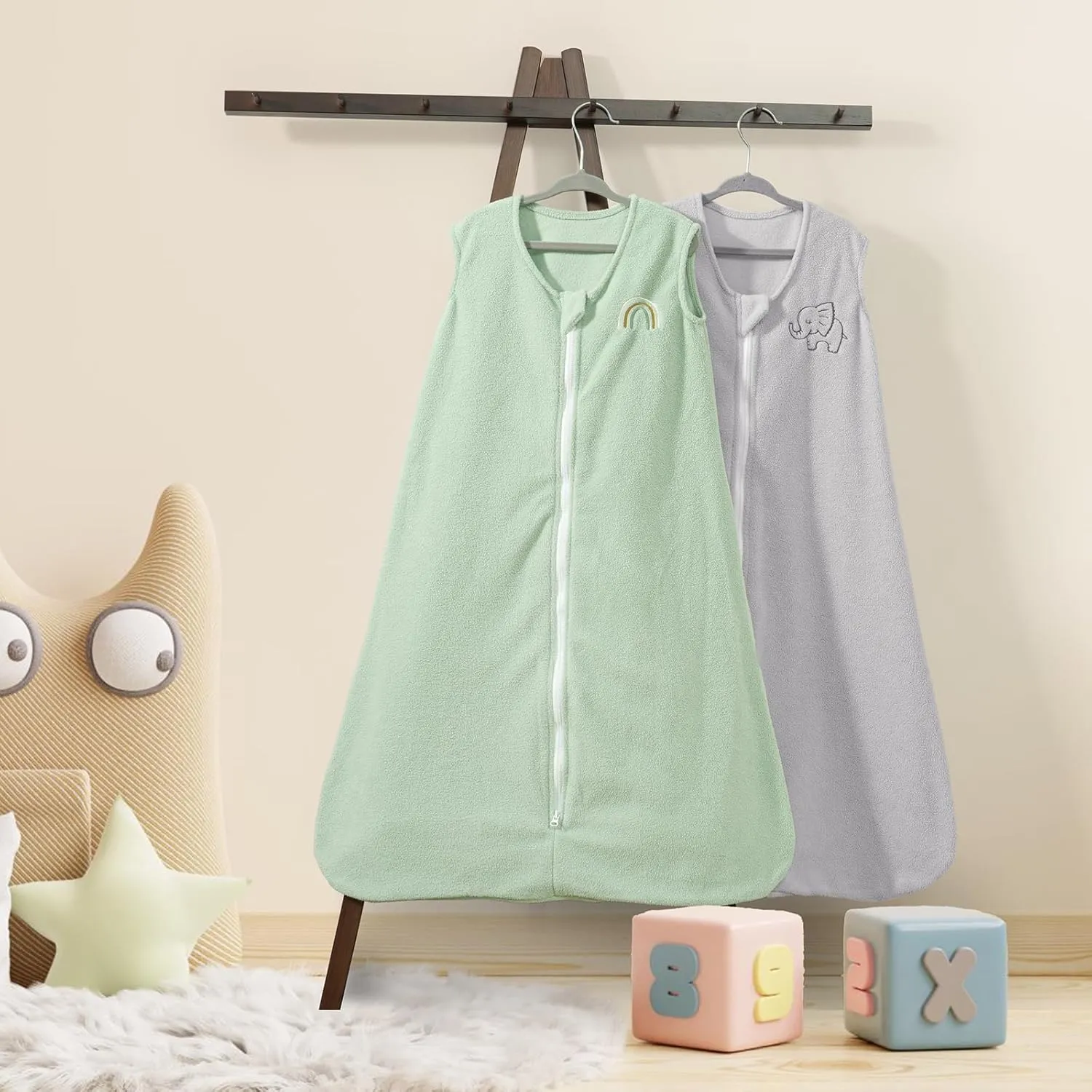 PHF Warm Micro-Fleece Baby Sleep Sack 12-18 Months, Soft Baby Wearable Blanket, 2-Way Zipper Sleeping Bags, 2 Pack Comfy Sleeping Sack for Infant Newborn Boys, Large Size, Grey & Sage Green
