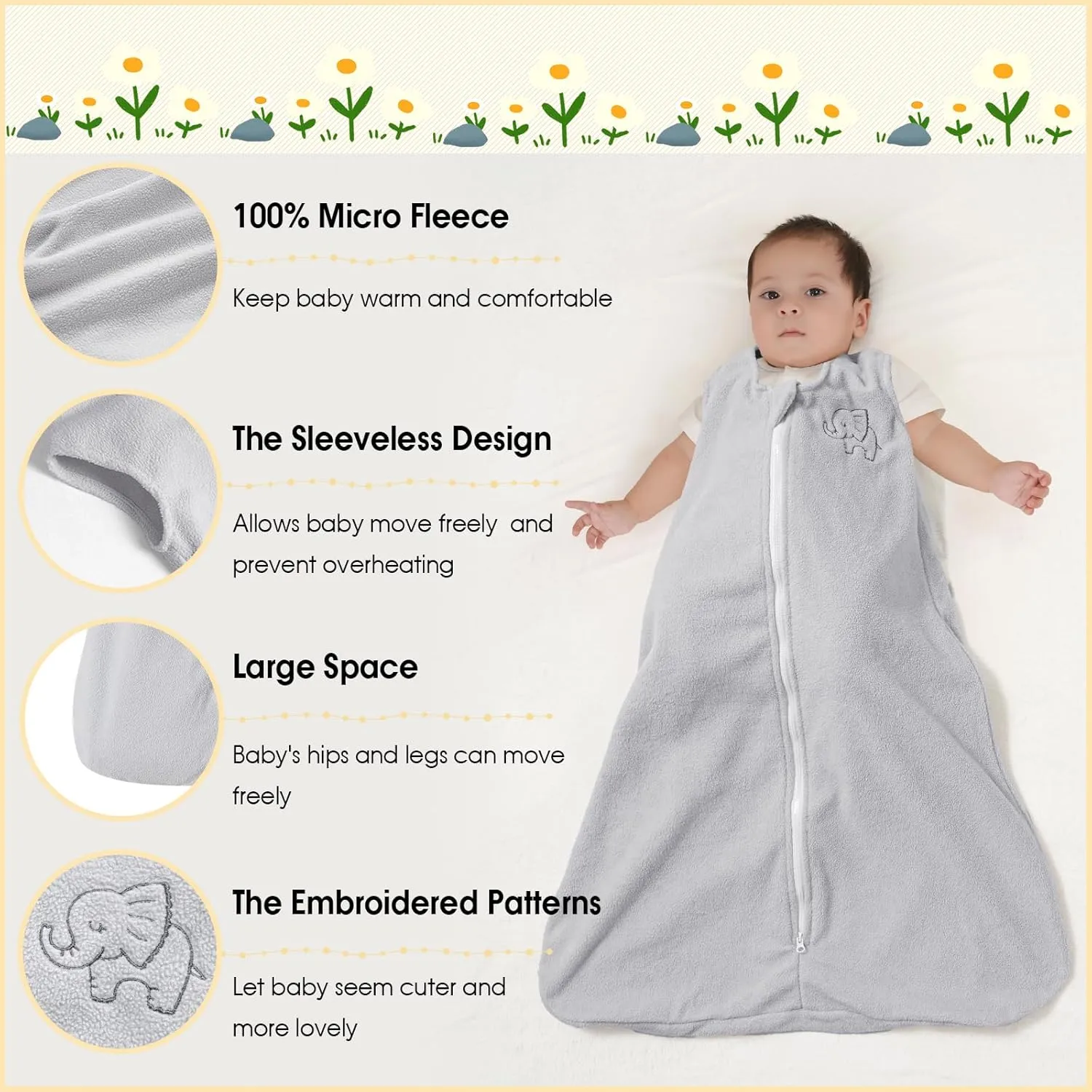 PHF Warm Micro-Fleece Baby Sleep Sack 12-18 Months, Soft Baby Wearable Blanket, 2-Way Zipper Sleeping Bags, 2 Pack Comfy Sleeping Sack for Infant Newborn Boys, Large Size, Grey & Sage Green