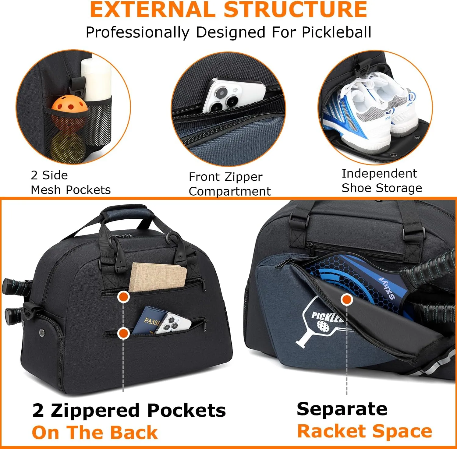 Pickleball Bags for Men & Women Pickleball Tote Bag Sports Duffle Bag w/Shoe Compartment for Paddle Racquet & Accessories