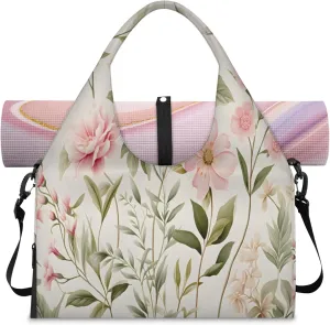 Pink Blossom Light Green Waterproof Gym Bag for Men Women, Sports Duffel Bag with Shoe Compartment Yoga Mat Holder, Portable Large Travel Bag for Fitness, Camping, Weekend Trips