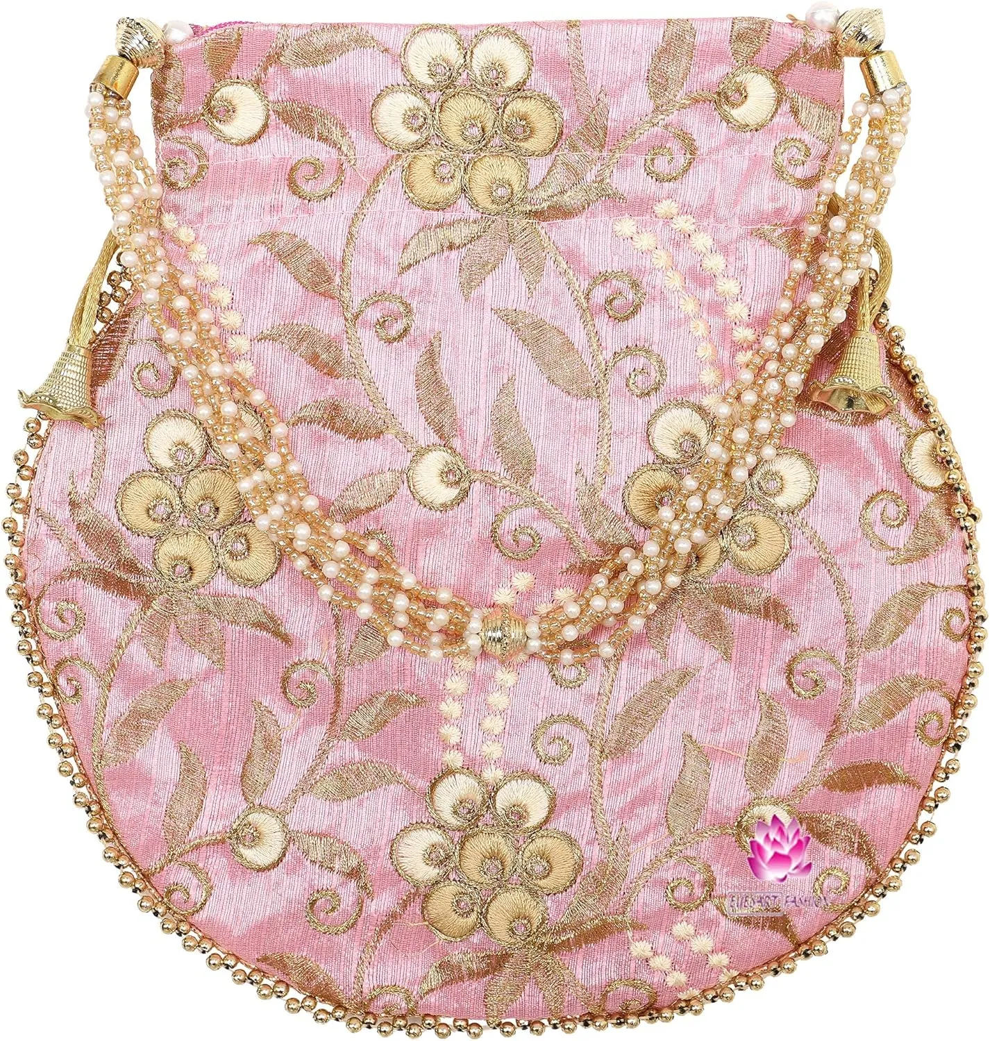 Potli Bag for Women Ethnic Gold, Pearl Handle Floral Accents, Drawstring Closure Pearls Handle Batwa Clutch Purse