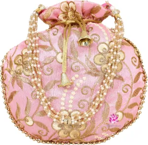 Potli Bag for Women Ethnic Gold, Pearl Handle Floral Accents, Drawstring Closure Pearls Handle Batwa Clutch Purse