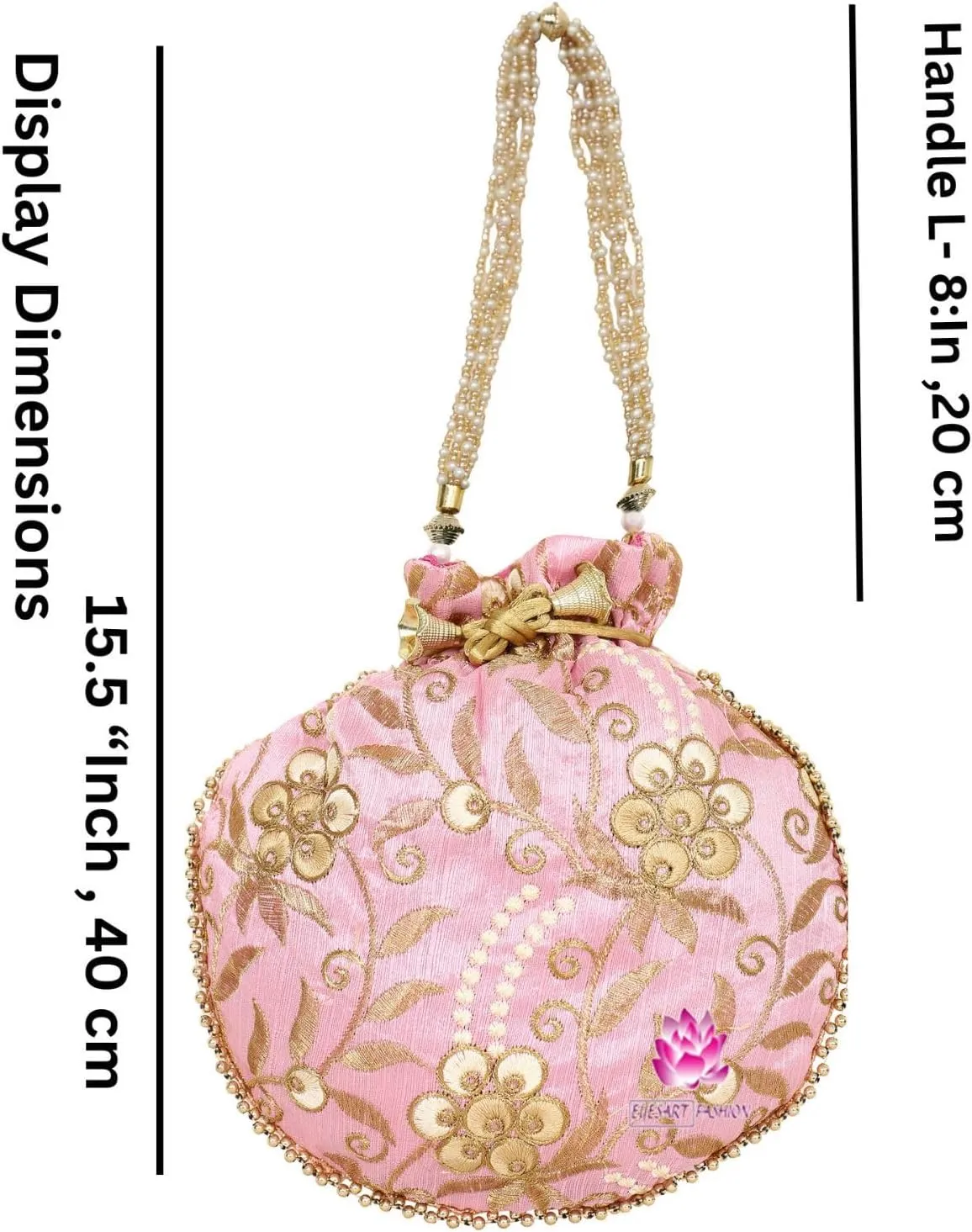 Potli Bag for Women Ethnic Gold, Pearl Handle Floral Accents, Drawstring Closure Pearls Handle Batwa Clutch Purse