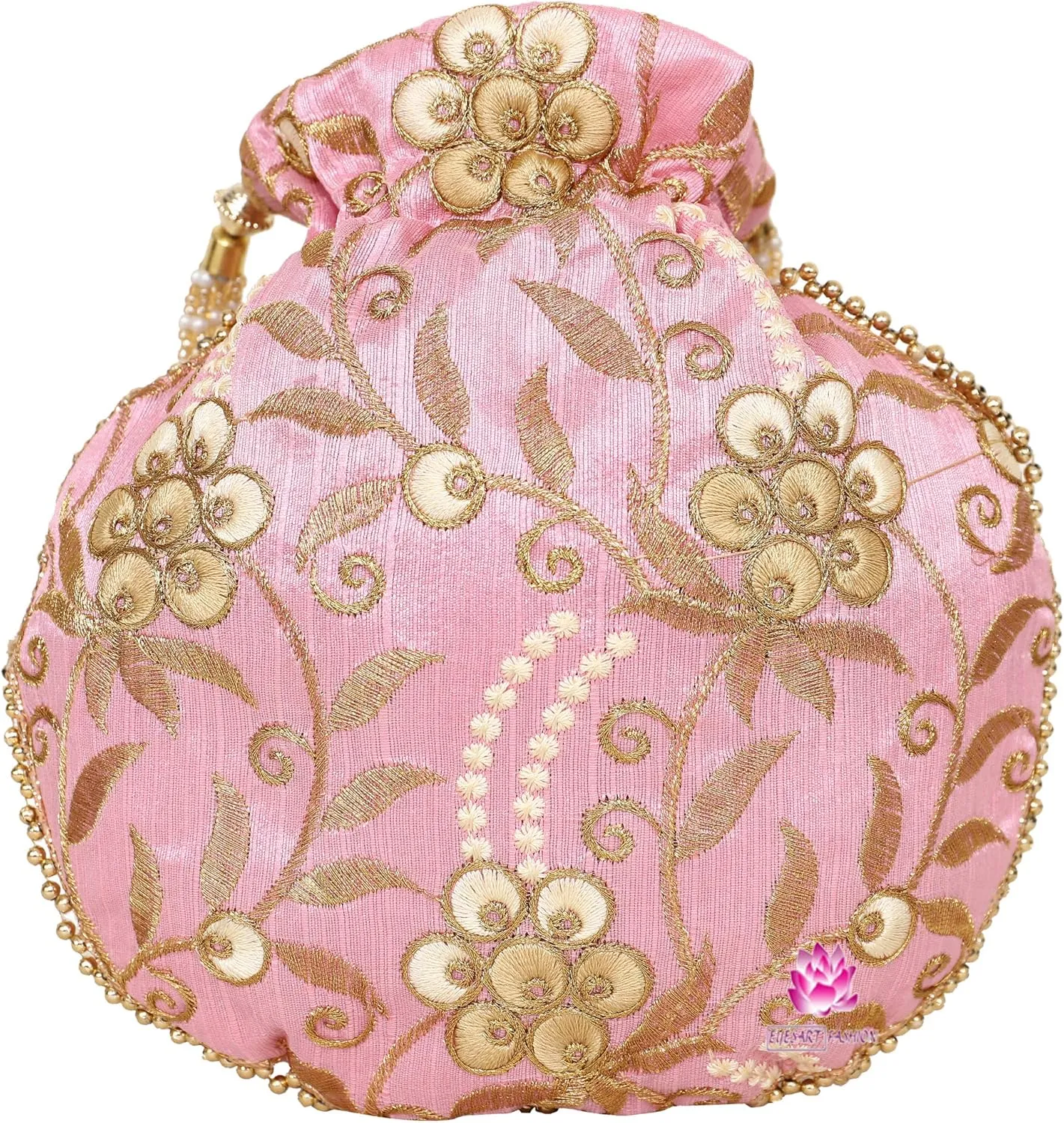 Potli Bag for Women Ethnic Gold, Pearl Handle Floral Accents, Drawstring Closure Pearls Handle Batwa Clutch Purse