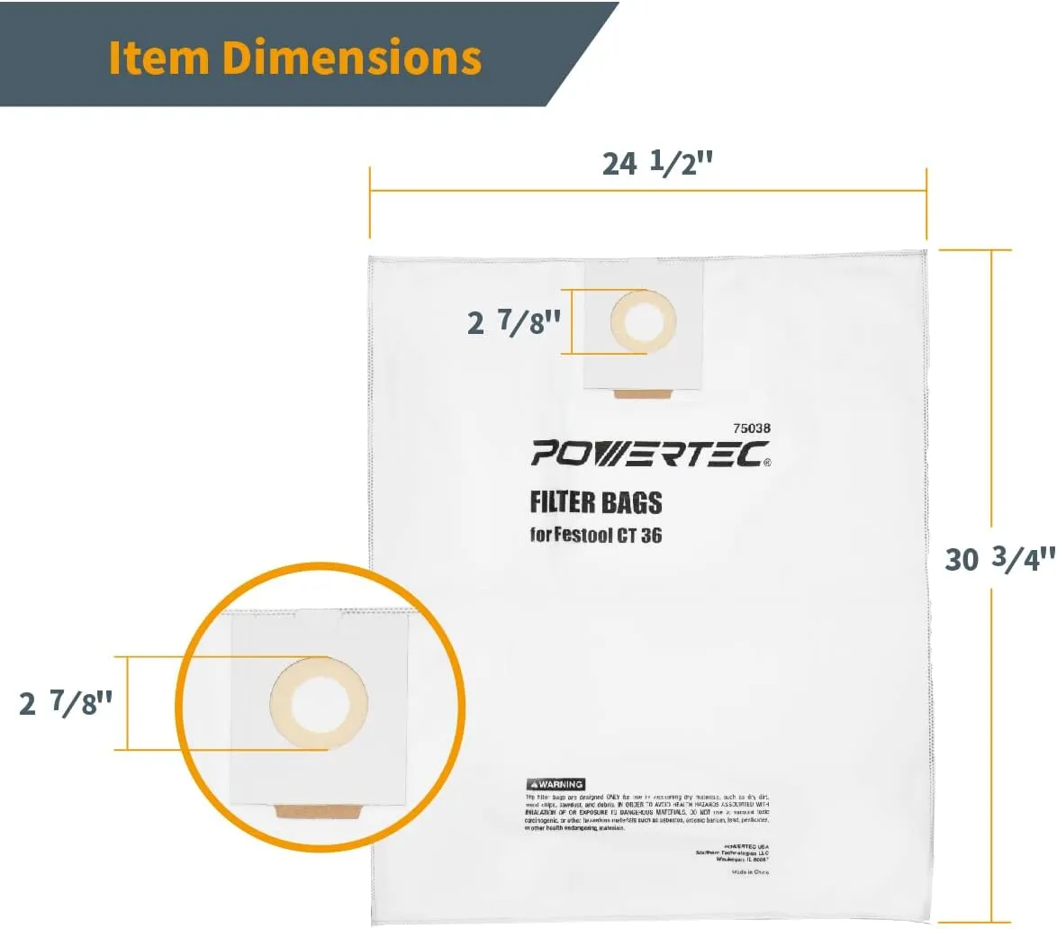 POWERTEC 75038 Filter Bag for Festool 496186 Fits CT 36, 5PK