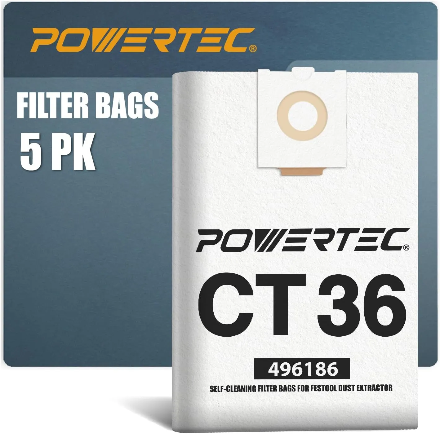 POWERTEC 75038 Filter Bag for Festool 496186 Fits CT 36, 5PK
