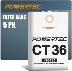 POWERTEC 75038 Filter Bag for Festool 496186 Fits CT 36, 5PK