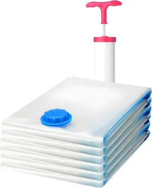 Premium Space Saver Vacuum Storage Bags - Space Saver Bags Jumbo 6 Pack - Save 80% More Storage Space - Reusable, Double Zip Seal & Leak Valve, Includes Travel Hand Pump