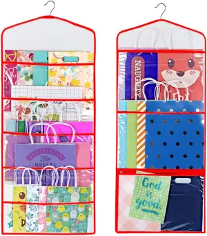 Primode Gift Bag and Tissue Paper Storage, Hanging Organizer with Multiple Front and Back Pockets Double Sided, Organize Gift Wrap and Paper Bags 38 x 16 Inch (Red)