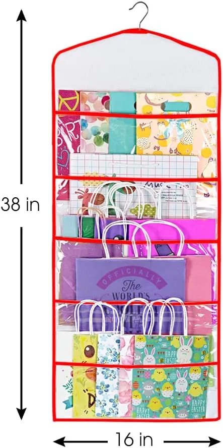 Primode Gift Bag and Tissue Paper Storage, Hanging Organizer with Multiple Front and Back Pockets Double Sided, Organize Gift Wrap and Paper Bags 38 x 16 Inch (Red)