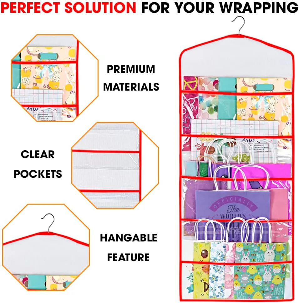 Primode Gift Bag and Tissue Paper Storage, Hanging Organizer with Multiple Front and Back Pockets Double Sided, Organize Gift Wrap and Paper Bags 38 x 16 Inch (Red)