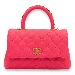 Quilted Coco Handle (Chained) Small Dark Pink Top Handle Bag in Caviar Leather, Gold hardware