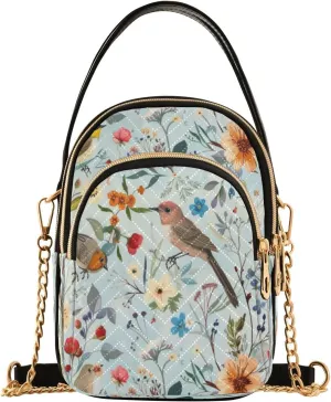 Quilted Crossbody Bags for Women Trendy, Bird and Flower Motifs Small Shoulder Handbags Leather Purse for Women Cross Body Purses