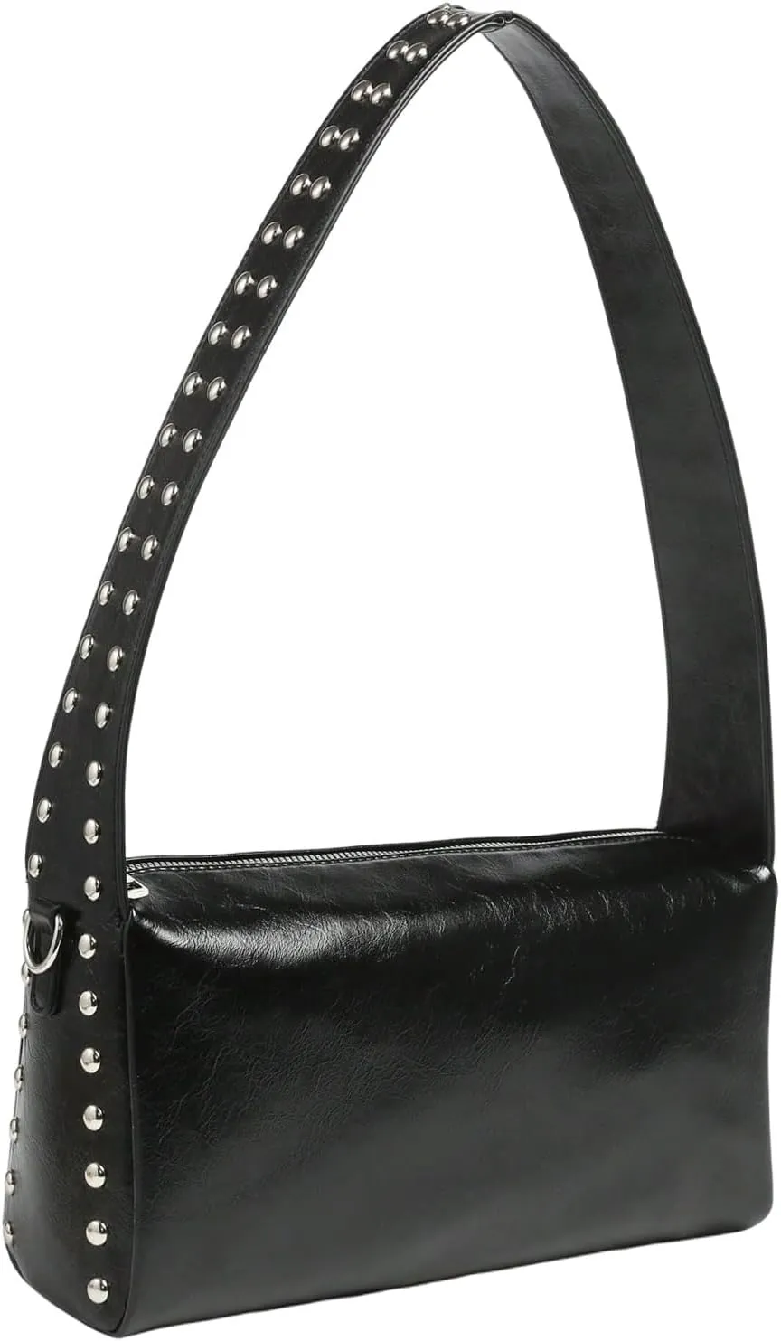 QWINEE Women's Studded Shoulder Handbags Vintage PU Leather Underarm Bags Zipper Y2k Handbag Purse