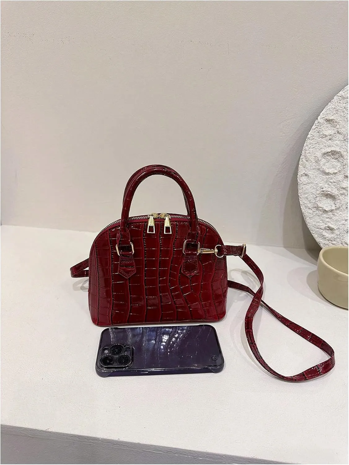 QWINEE Women's Textured Crossbody Leather Shoulder Bag Top Handle Mini Satchel Handbags Vintage Purse