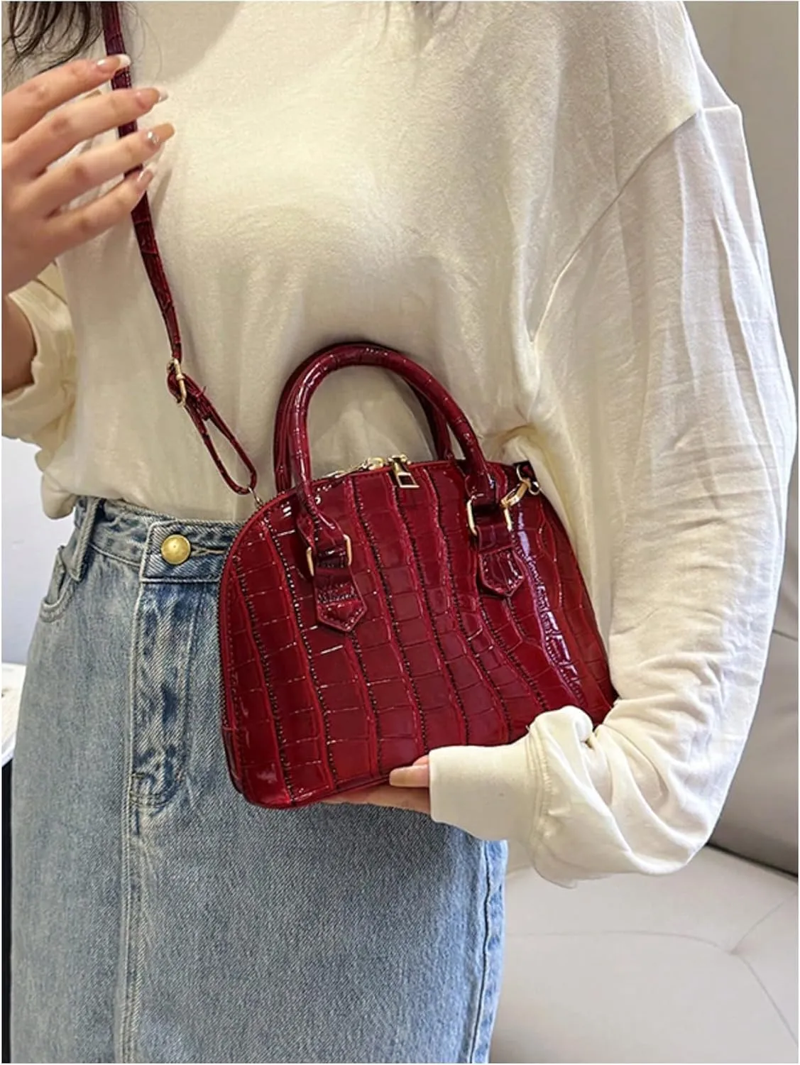QWINEE Women's Textured Crossbody Leather Shoulder Bag Top Handle Mini Satchel Handbags Vintage Purse