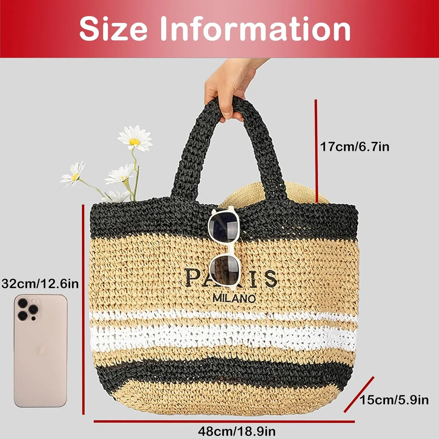 QZUnique Straw Beach Tote Bag for Women Summer Woven Shoulder Purse Handbag Large Handwoven Handbag Hobo for Vacation Travel