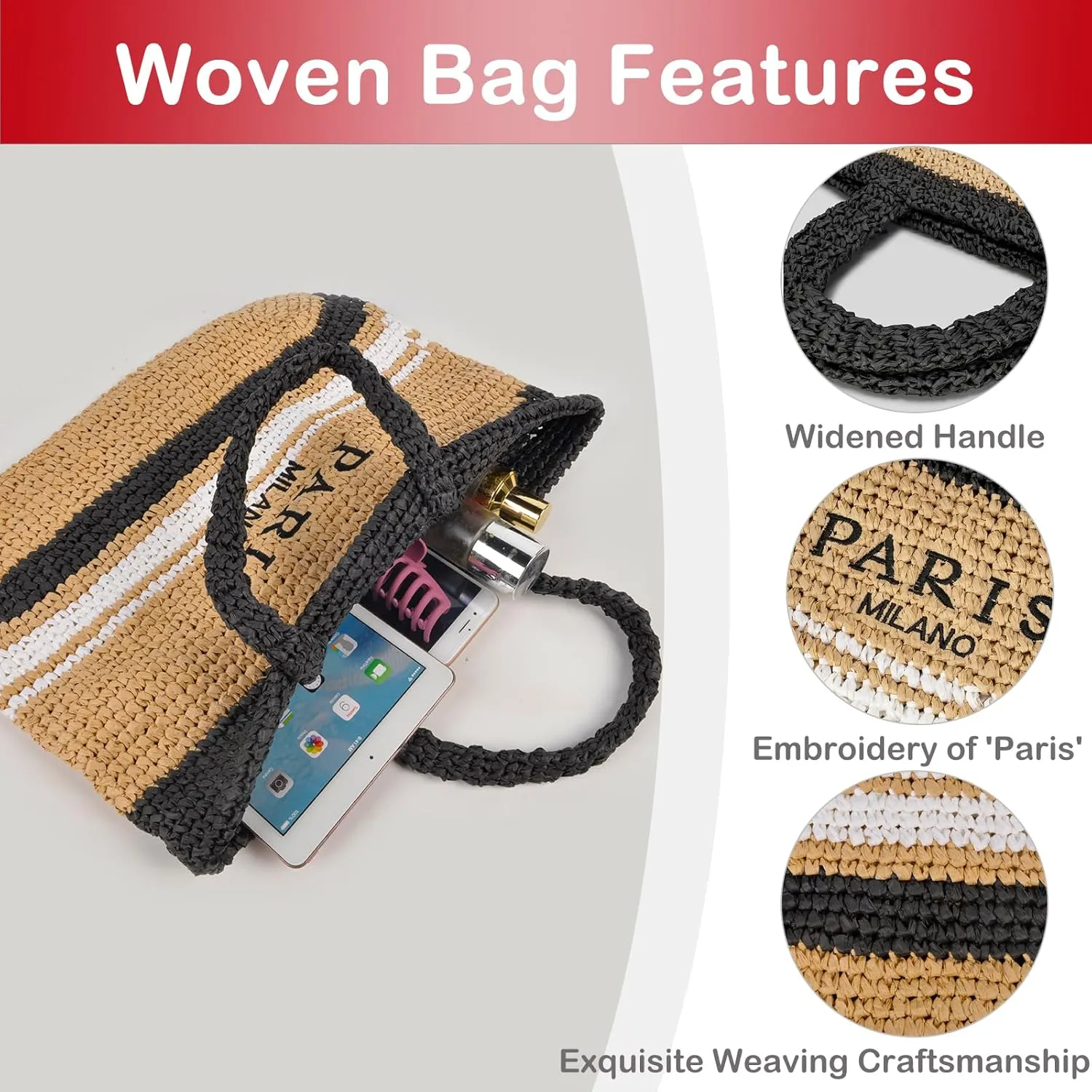 QZUnique Straw Beach Tote Bag for Women Summer Woven Shoulder Purse Handbag Large Handwoven Handbag Hobo for Vacation Travel