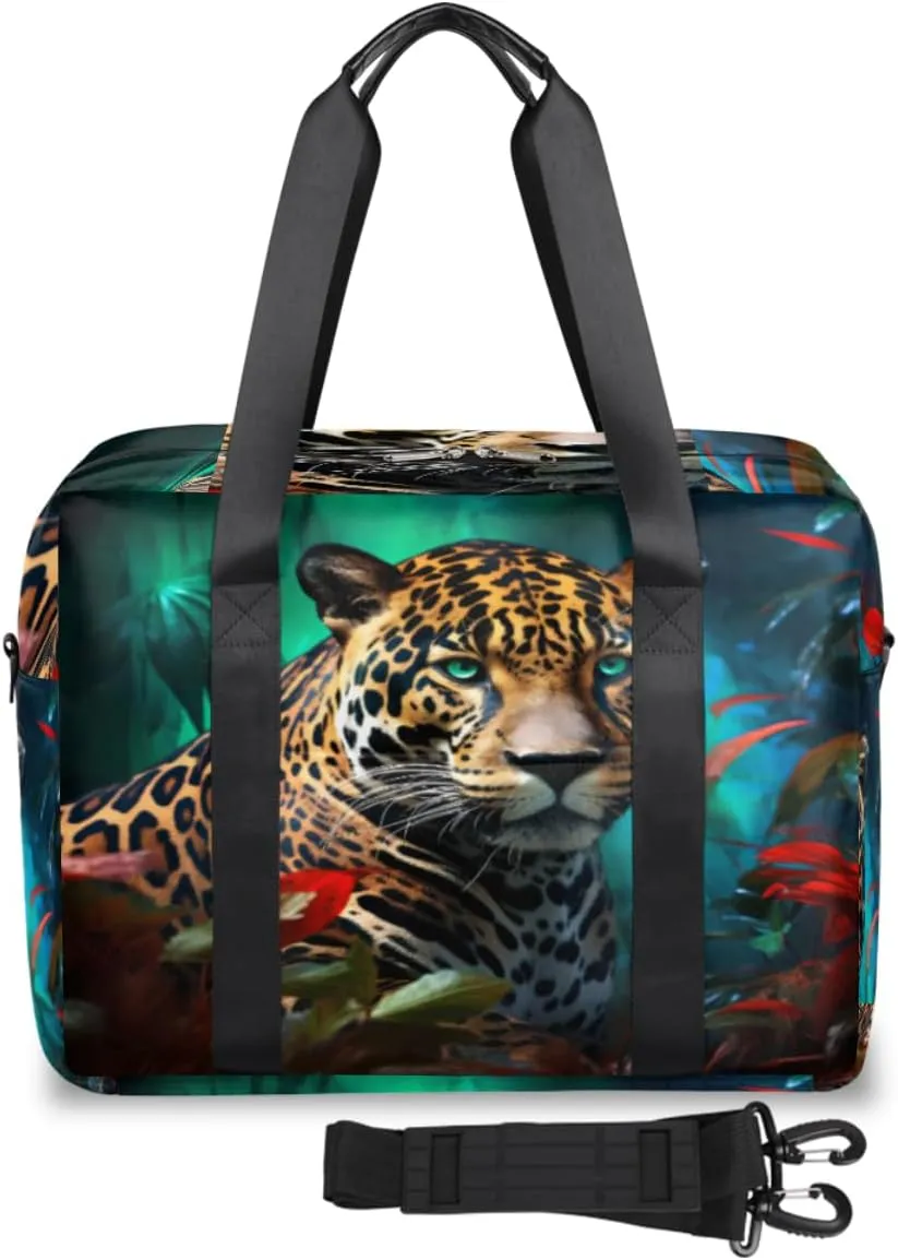 Rainforest Leopard Leaves Womens Travel Bags, Weekender Carry on for Women, Sports Gym Bag, Workout Duffel bag, Overnight Shoulder Bag