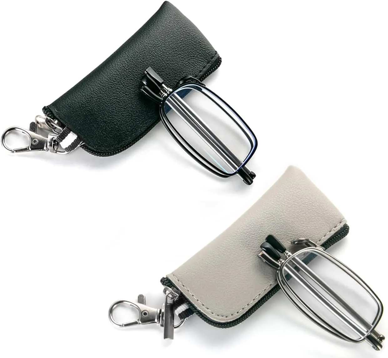 REAVEE 2 Pack Folding Reading Glasses for Men Women with Keychain Compact Bags Blue Light Blocking Portable Pocket Computer Readers,Black and Grey 1.25