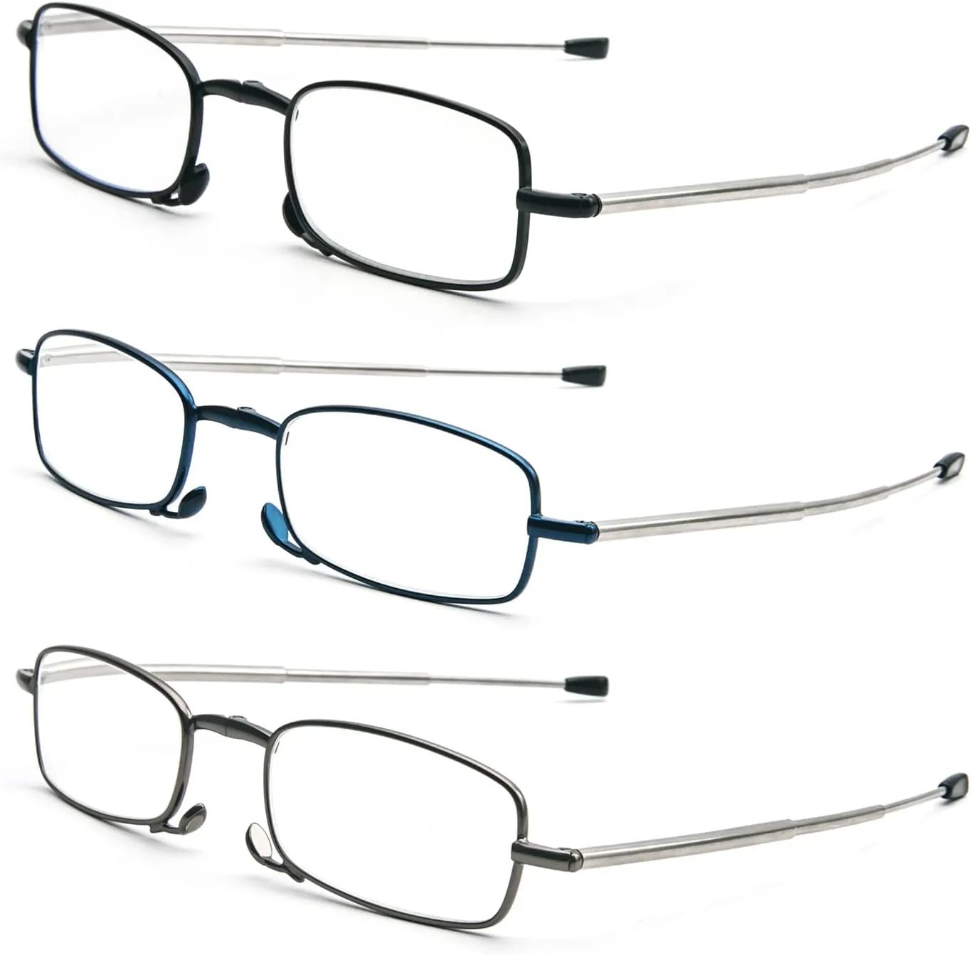 REAVEE 3 Pack Folding Reading Glasses with Keychain Compact Bags Women Men Blue Light Blocking Spring Hinge Portable Pocket Readers,Black Grey and Blue 0.0
