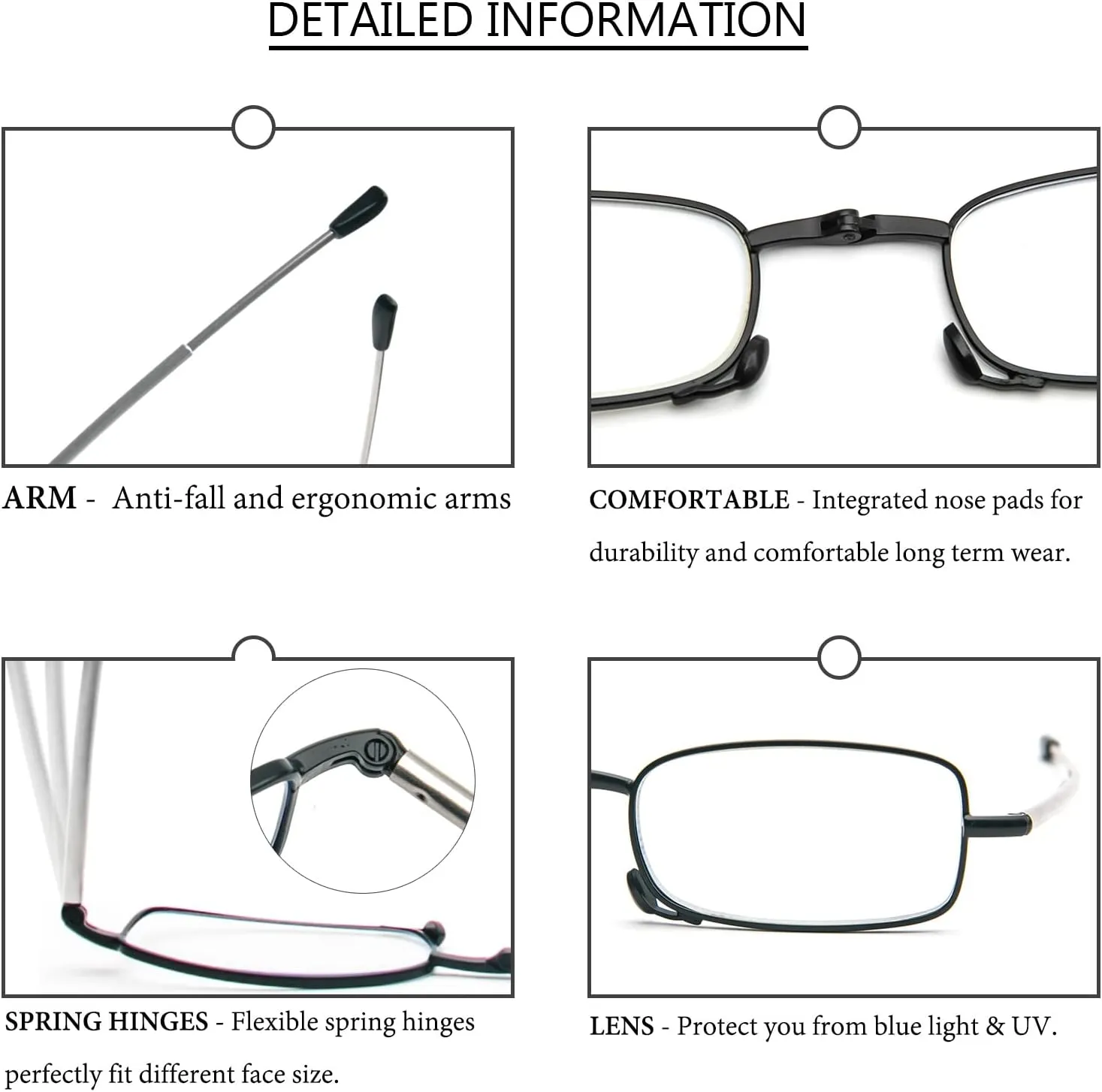 REAVEE 3 Pack Folding Reading Glasses with Keychain Compact Bags Women Men Blue Light Blocking Spring Hinge Portable Pocket Readers,Black Grey and Blue 0.0