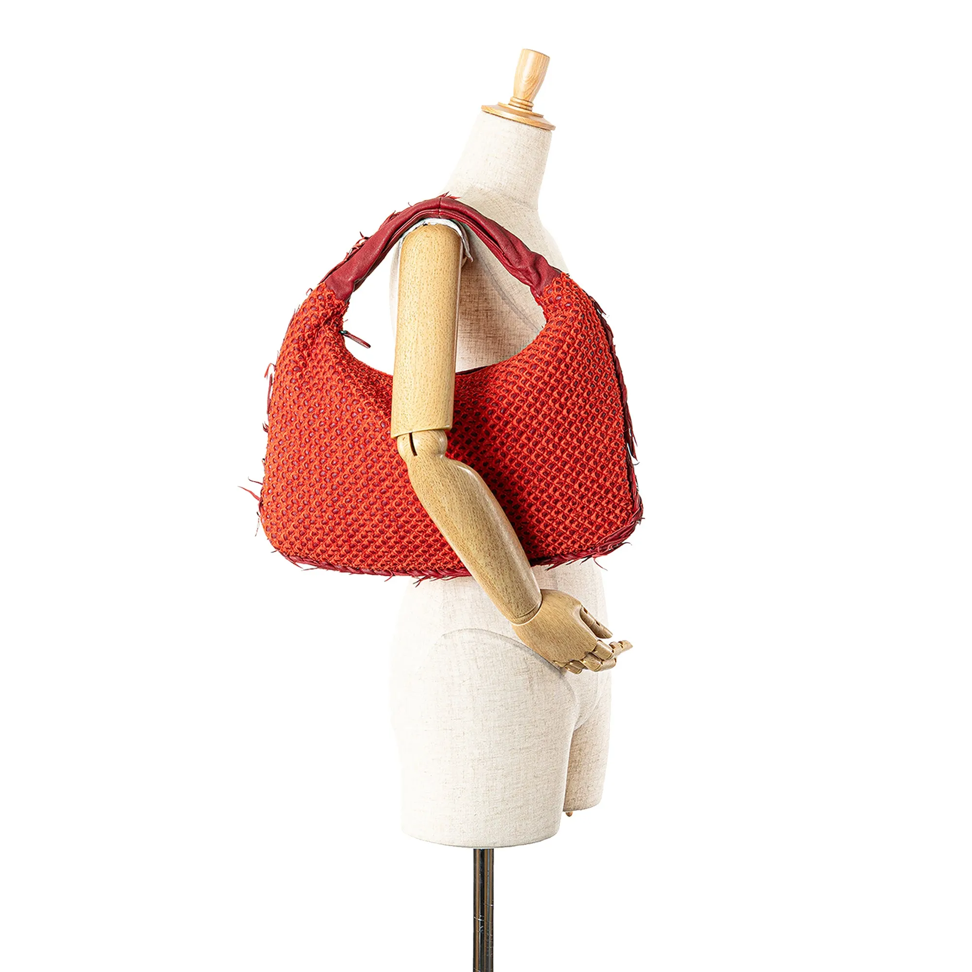 Red Bottega Veneta Small Quilted Nappa and Distressed Silk Veneta Hobo