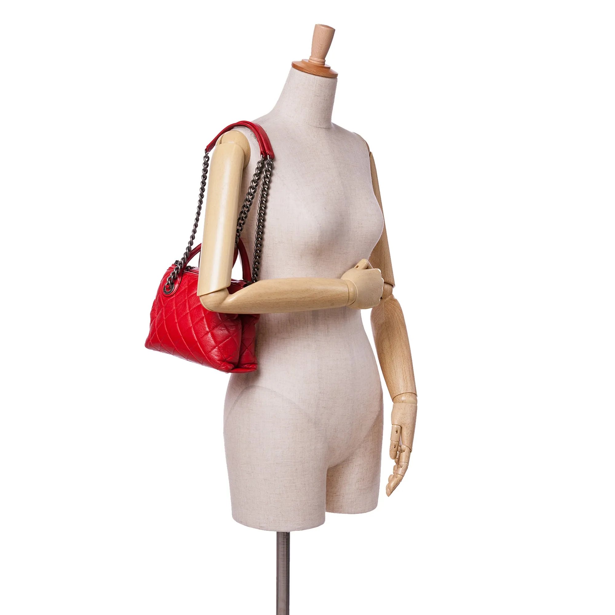 Red Chanel Small Quilted Shiny Sheepskin Boy Chained Tote Satchel