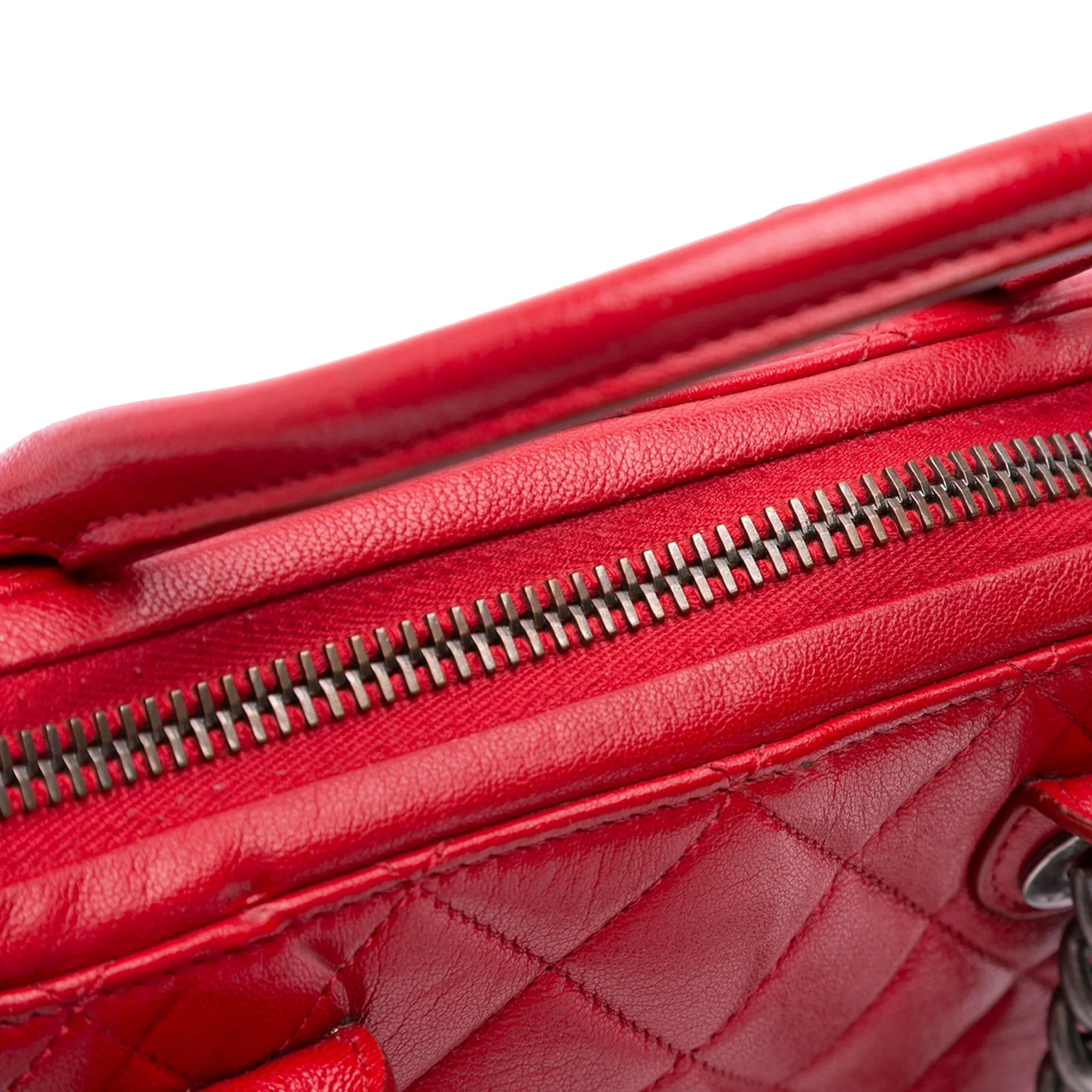 Red Chanel Small Quilted Shiny Sheepskin Boy Chained Tote Satchel