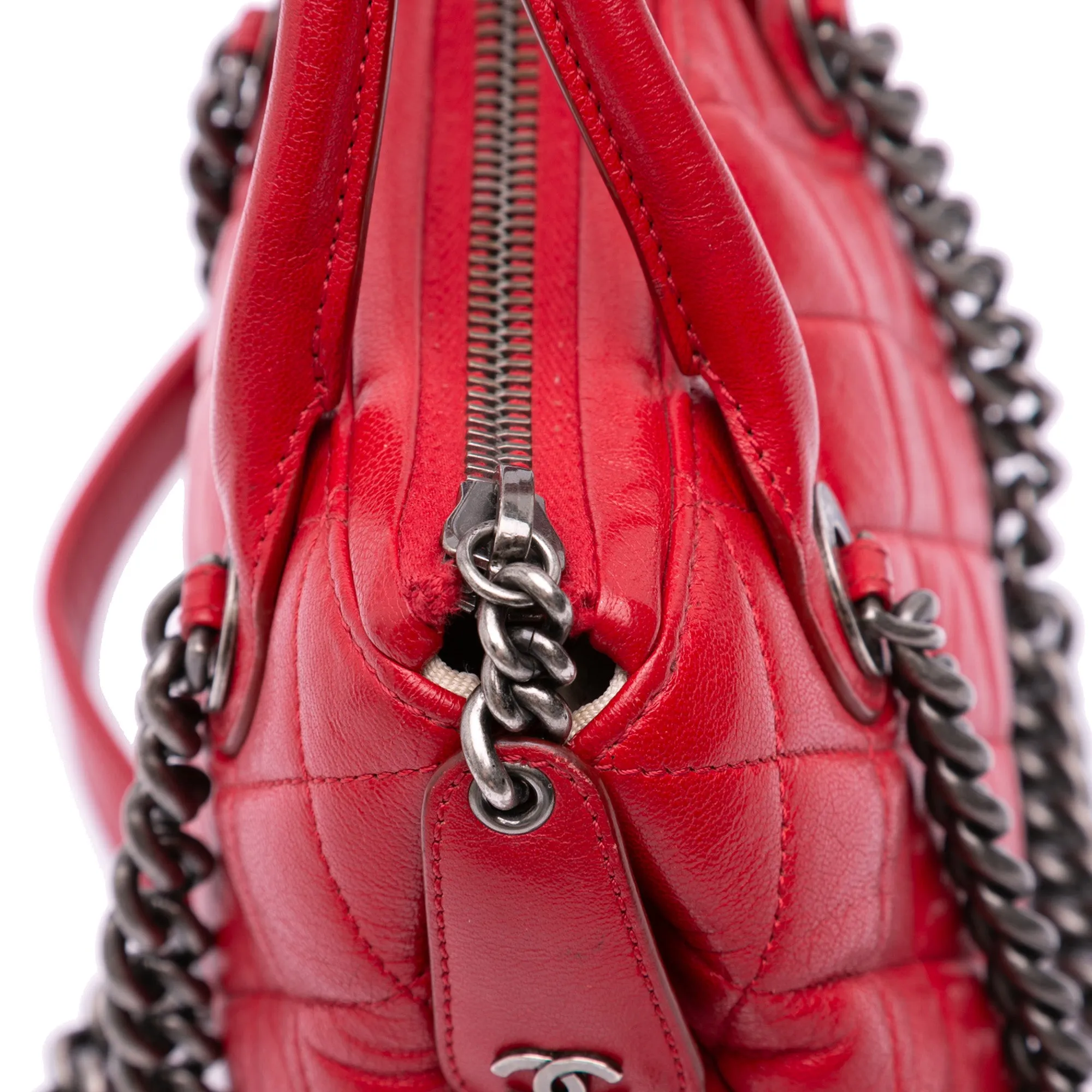 Red Chanel Small Quilted Shiny Sheepskin Boy Chained Tote Satchel