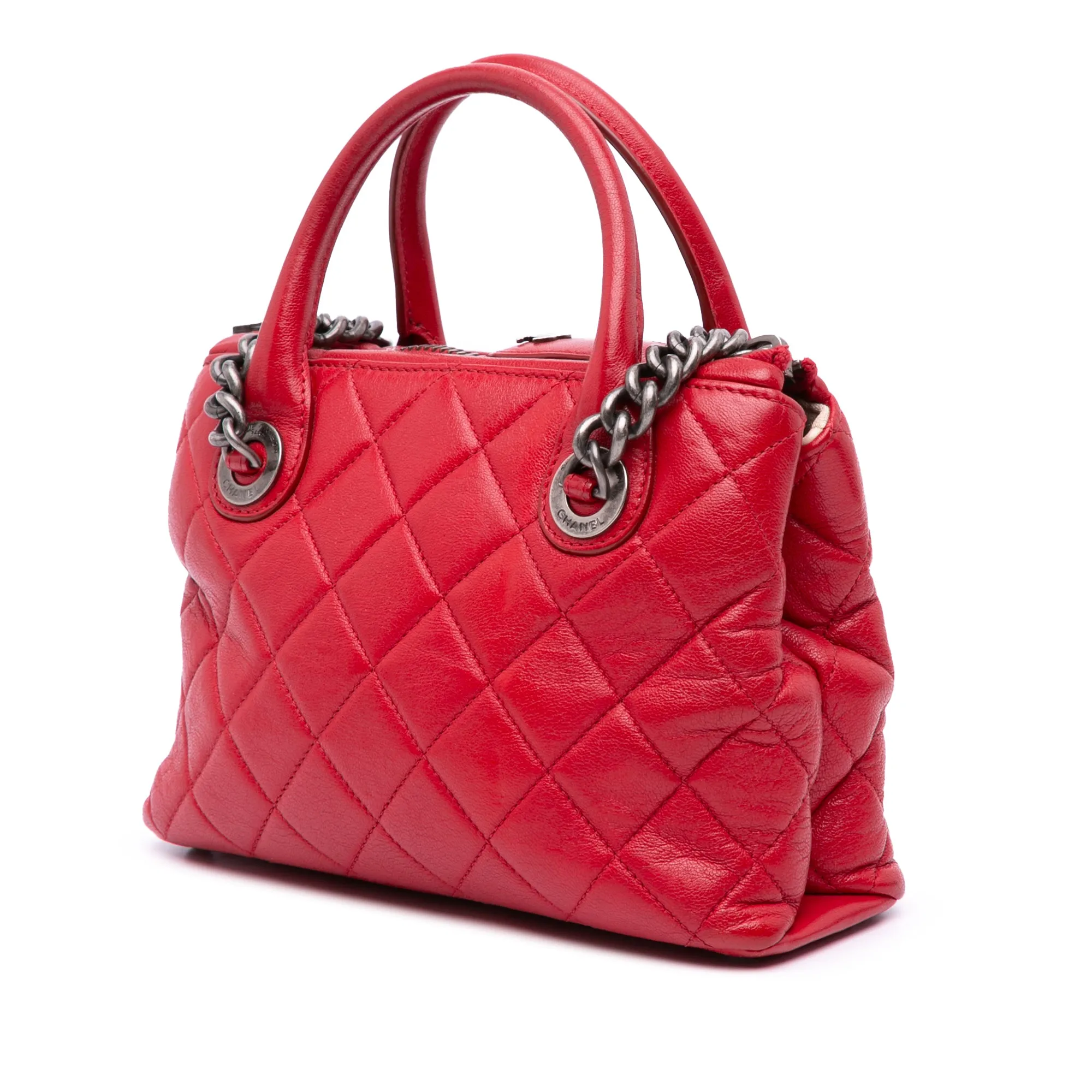 Red Chanel Small Quilted Shiny Sheepskin Boy Chained Tote Satchel