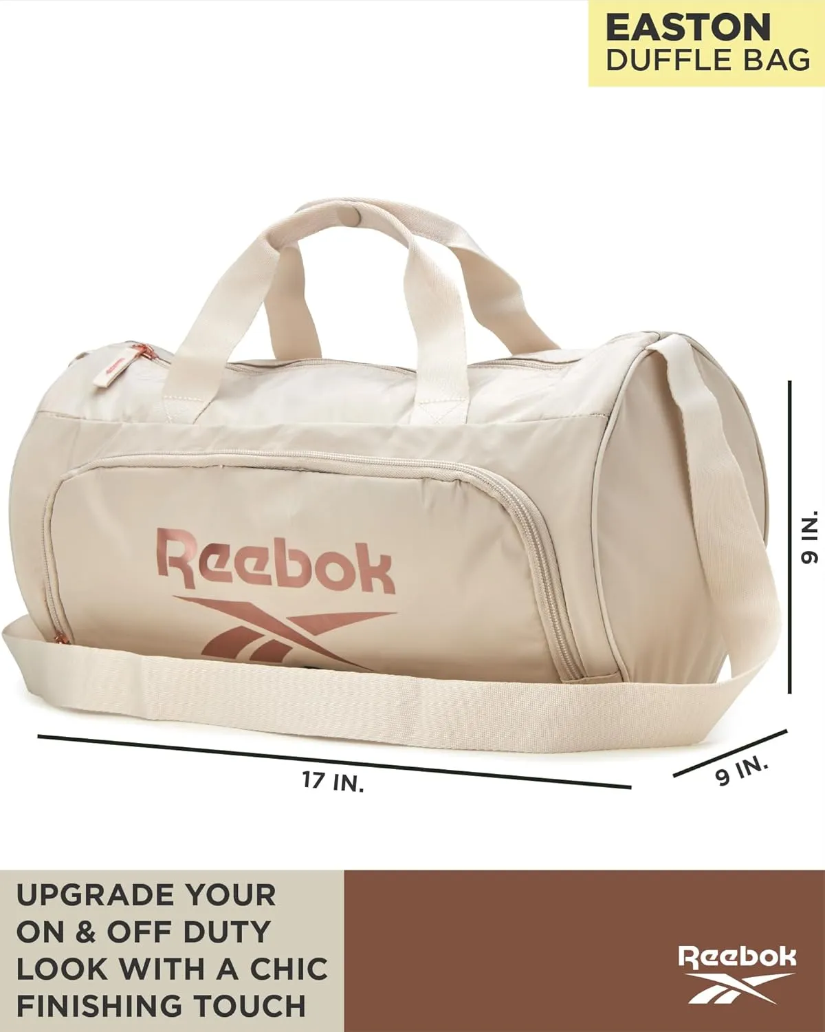 Reebok Duffle Bag – Gym Bag for Women & Men, Carry On and Overnight Duffle for Travel & Fitness, Size Small, Easton Beige
