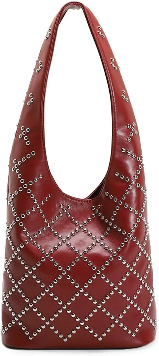 Rejolly Studded Shoulder Bag for Women Studs Hobo Purses Y2k 90s Punk Vegan Leather Designer Underarm Handbag