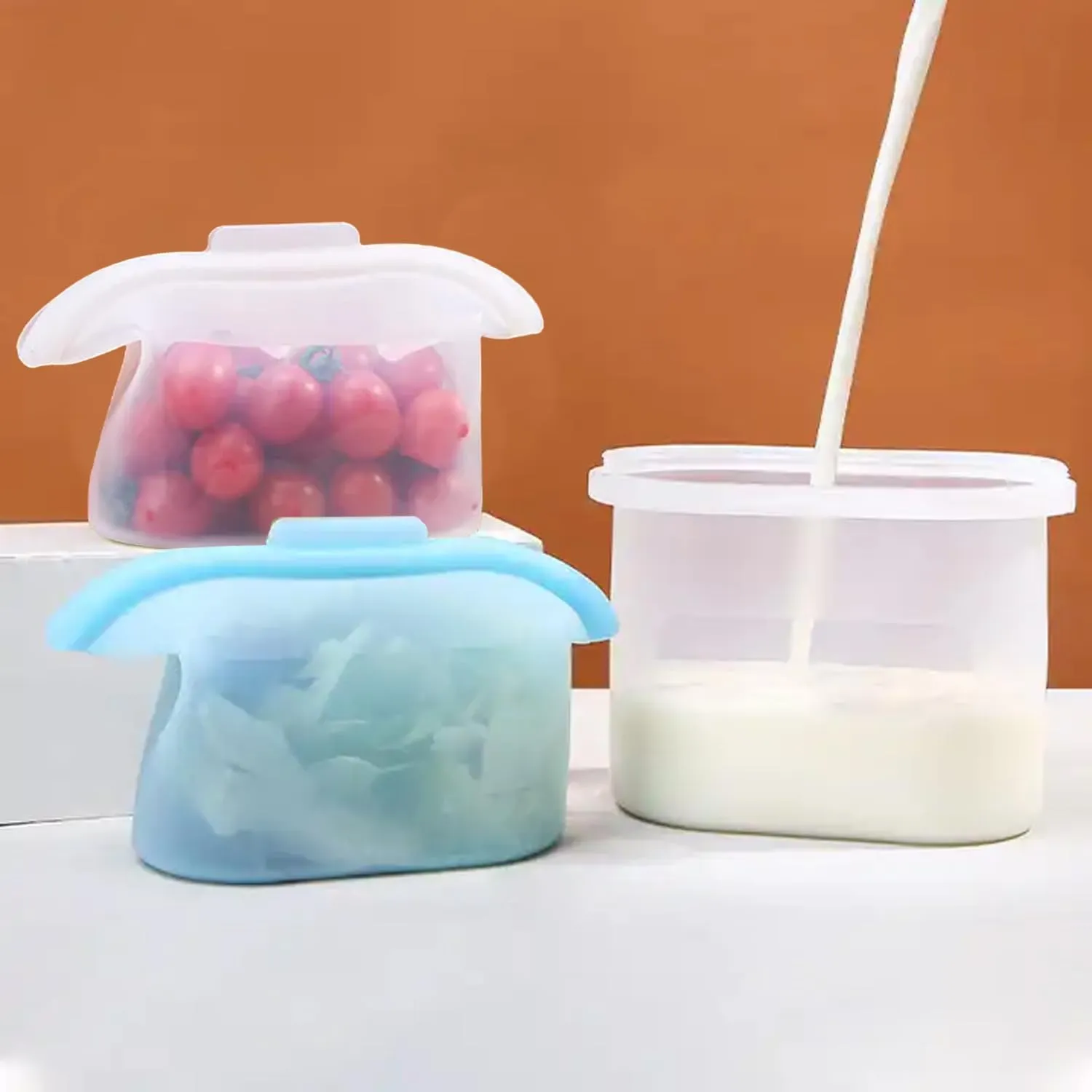 Reusable Silicone Food Storage Freezer Bags,Eco-friendly Washable Food Storage Container with Lids,1000ml Stand Up Preservation Storage Airtight Cooking Bag for Kids and Adults 2-Pack, Clear Blue