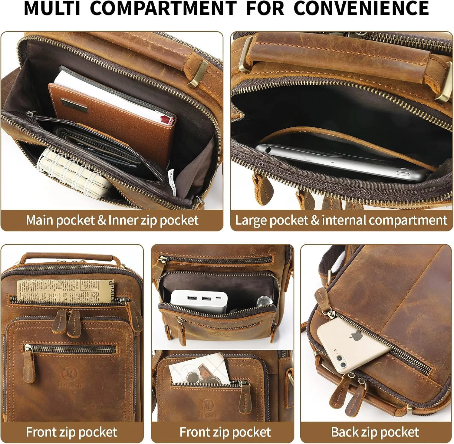 Ringsun Small Leather Men's Purse, Messenger Bag for Men with Zipper, Crossbody Shoulder Bag, RS30