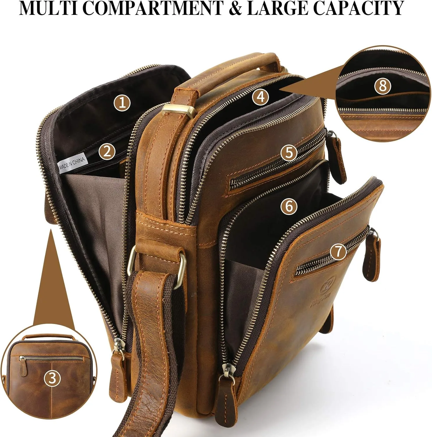Ringsun Small Leather Men's Purse, Messenger Bag for Men with Zipper, Crossbody Shoulder Bag, RS30