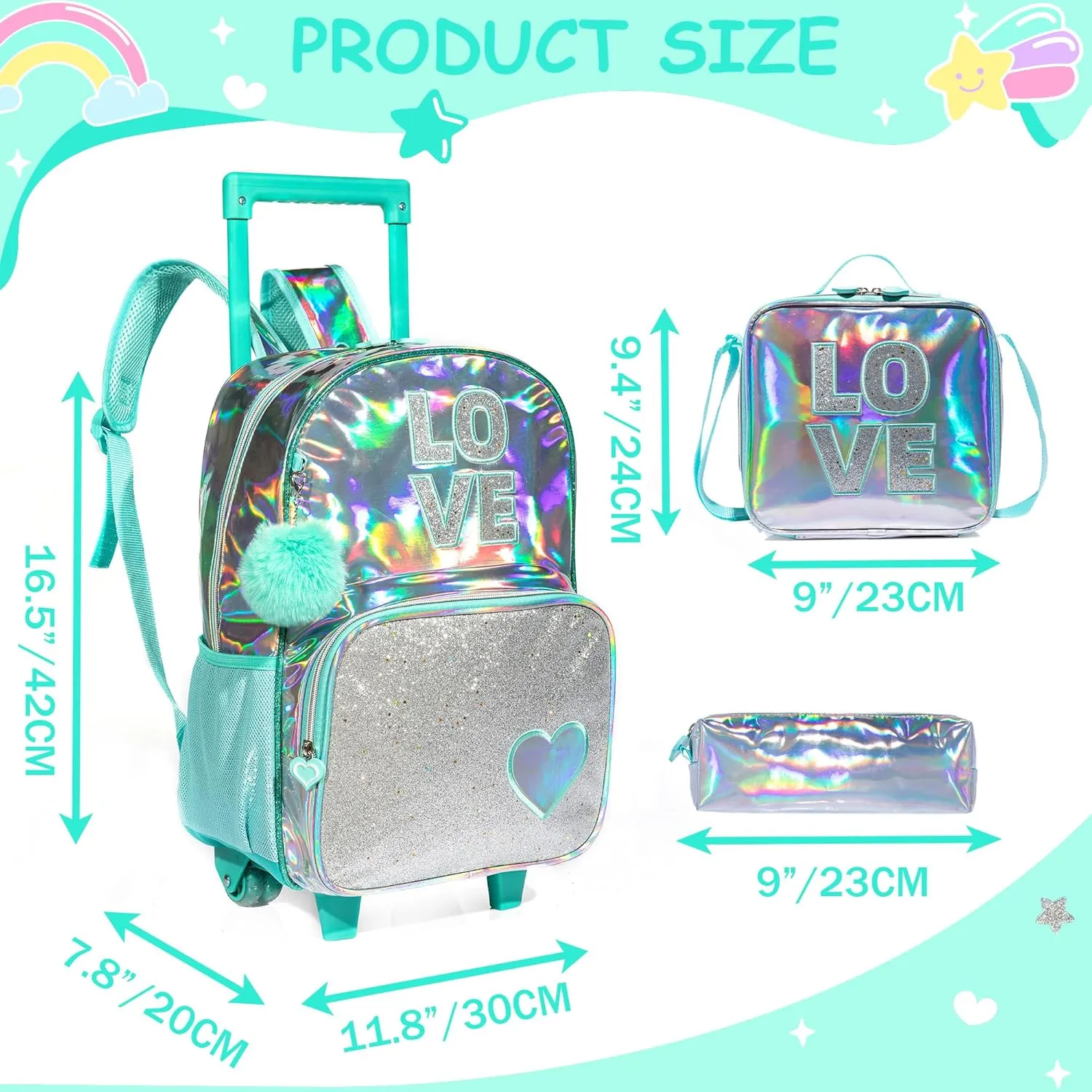 Rolling Backpack for Girls Kids Backpack with Wheels for Elementary Kindergarten Girls Wheeled Backpack Carry on Luggage Rolling Backpack with Lunch Bag