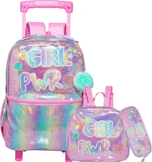 Rolling Backpack for Girls Kids Backpack with Wheels for Elementary Kindergarten Girls Wheeled Backpack Carry on Luggage Rolling Backpack with Lunch Bag