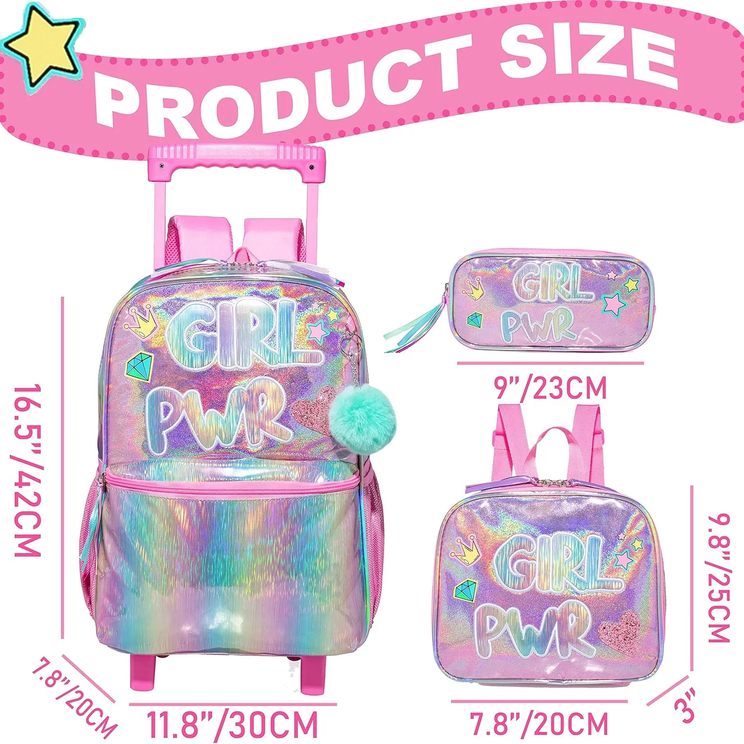 Rolling Backpack for Girls Kids Backpack with Wheels for Elementary Kindergarten Girls Wheeled Backpack Carry on Luggage Rolling Backpack with Lunch Bag