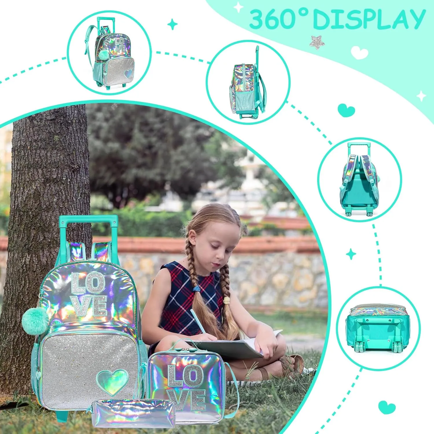Rolling Backpack for Girls Kids Backpack with Wheels for Elementary Kindergarten Girls Wheeled Backpack Carry on Luggage Rolling Backpack with Lunch Bag
