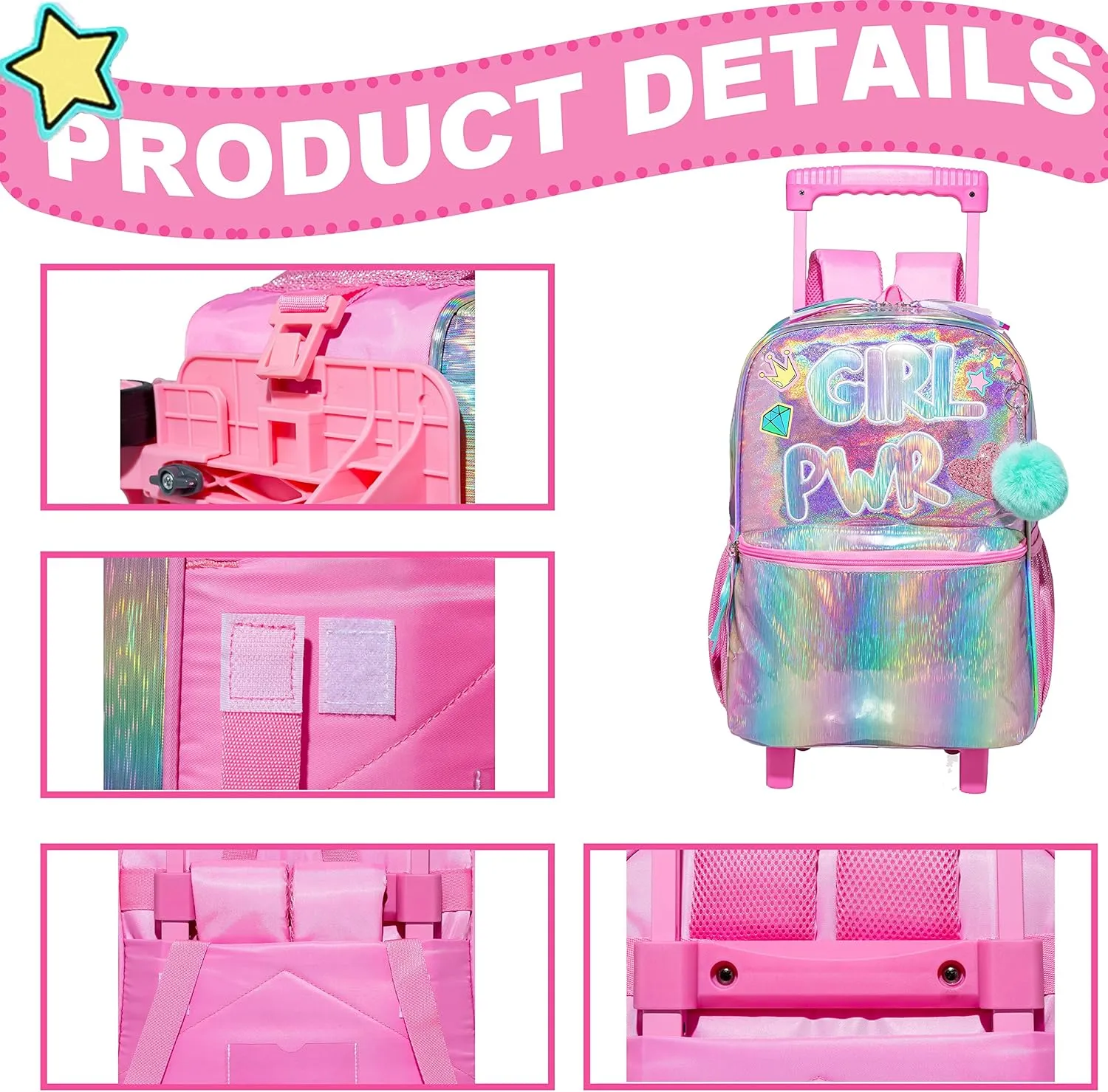 Rolling Backpack for Girls Kids Backpack with Wheels for Elementary Kindergarten Girls Wheeled Backpack Carry on Luggage Rolling Backpack with Lunch Bag