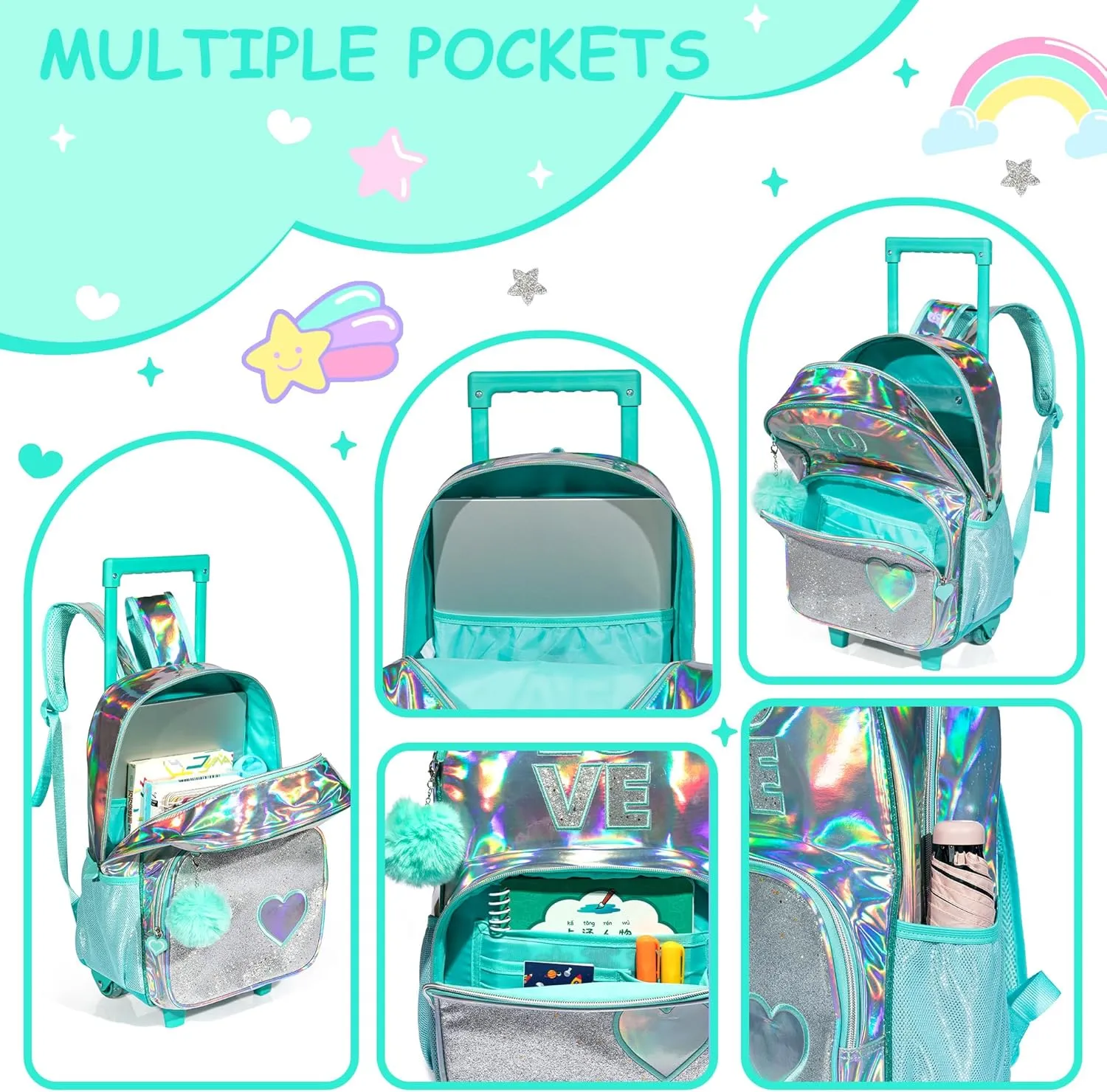 Rolling Backpack for Girls Kids Backpack with Wheels for Elementary Kindergarten Girls Wheeled Backpack Carry on Luggage Rolling Backpack with Lunch Bag