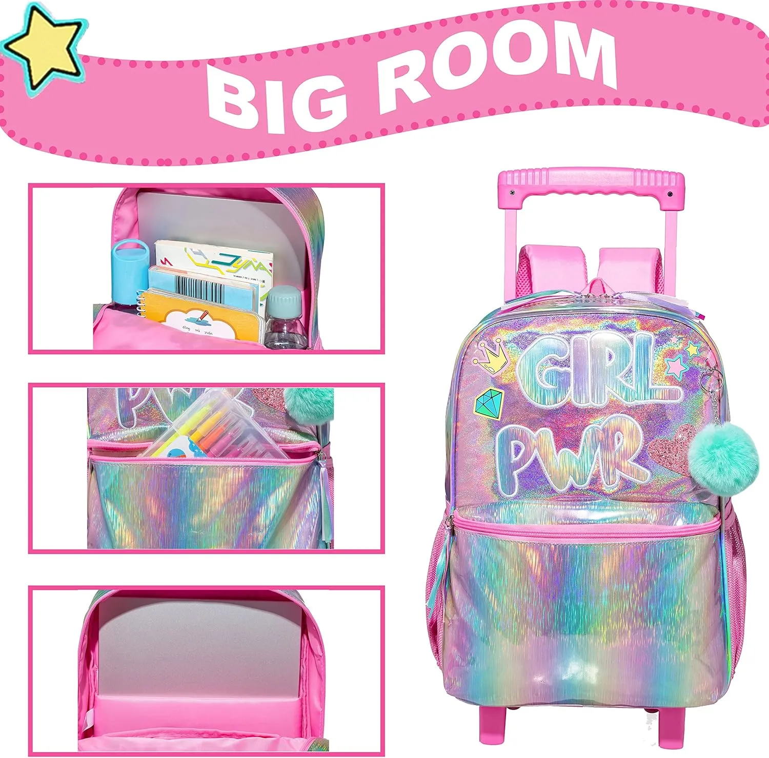 Rolling Backpack for Girls Kids Backpack with Wheels for Elementary Kindergarten Girls Wheeled Backpack Carry on Luggage Rolling Backpack with Lunch Bag